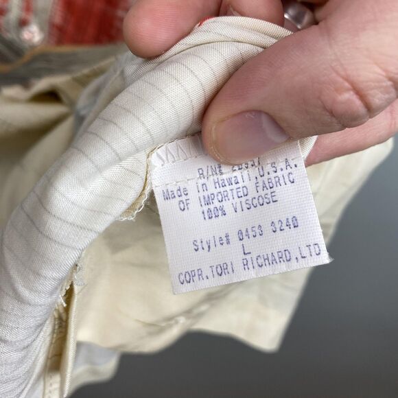 Tori Richard Shirt Mens Large Cream Red Race Car 30 Button Up Hawaiian Viscose - Picture 6 of 11